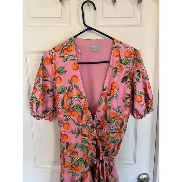 Finders Keepers Aranciata Orange Print Wrap Dress Mini Ruffle Puff Short Sleeve - Picture 2 of 10